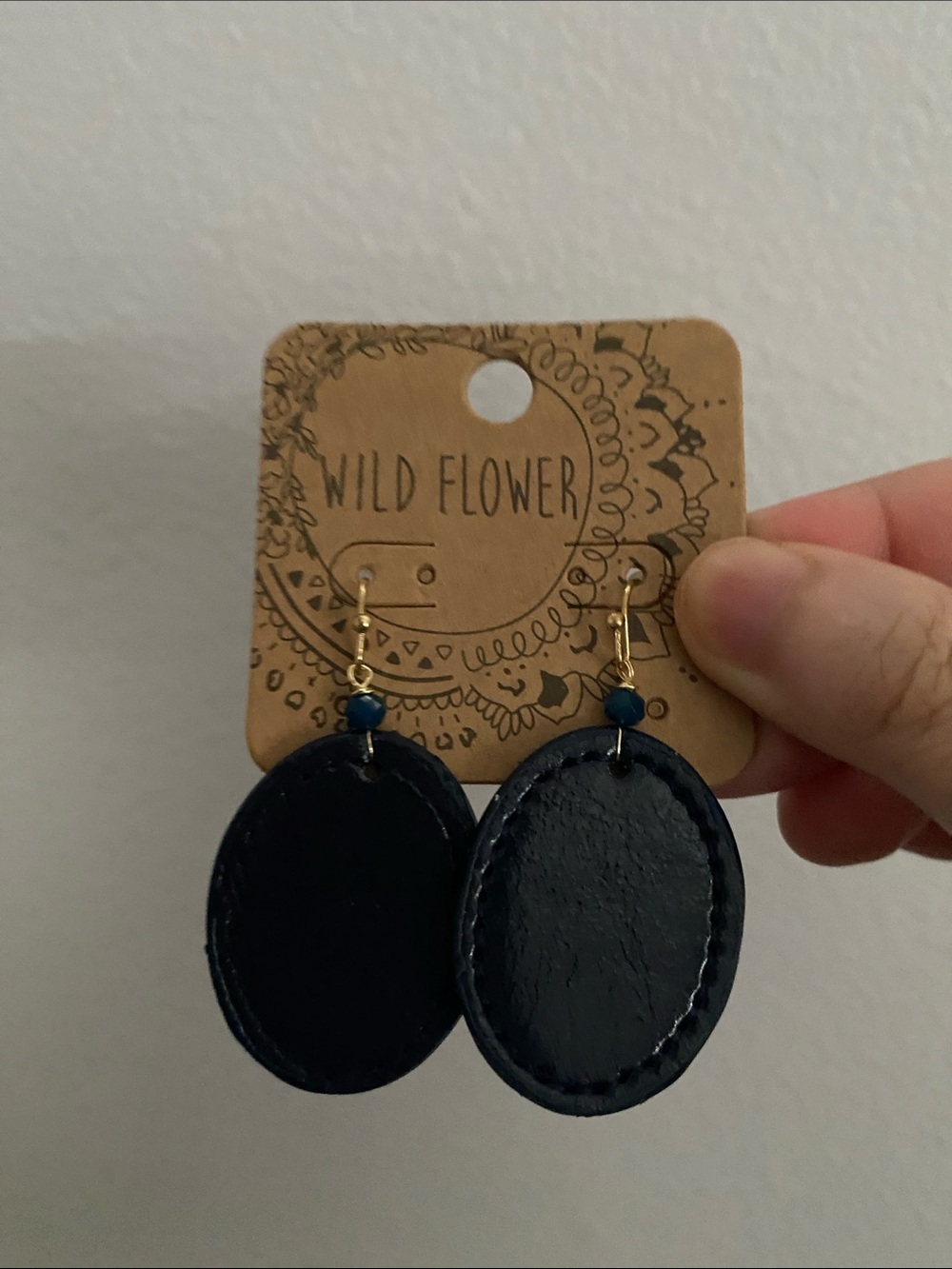Wildflowers black Oval Leather Drop Earrings with Gold Hooks